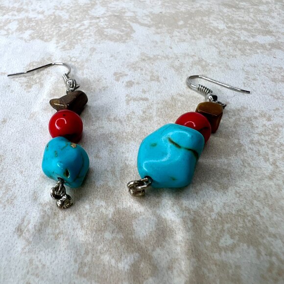 Boho Turquoise Jasper Cat’s Eye Dangle Earrings Southwestern Silver tone - Picture 2 of 7